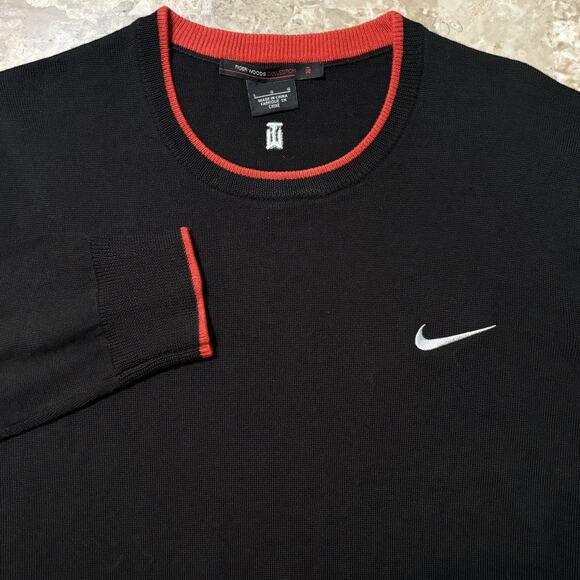 Nike Tiger Woods Sweater Mens Large Black Red Merino Wool Golf 686983 - Picture 1 of 10